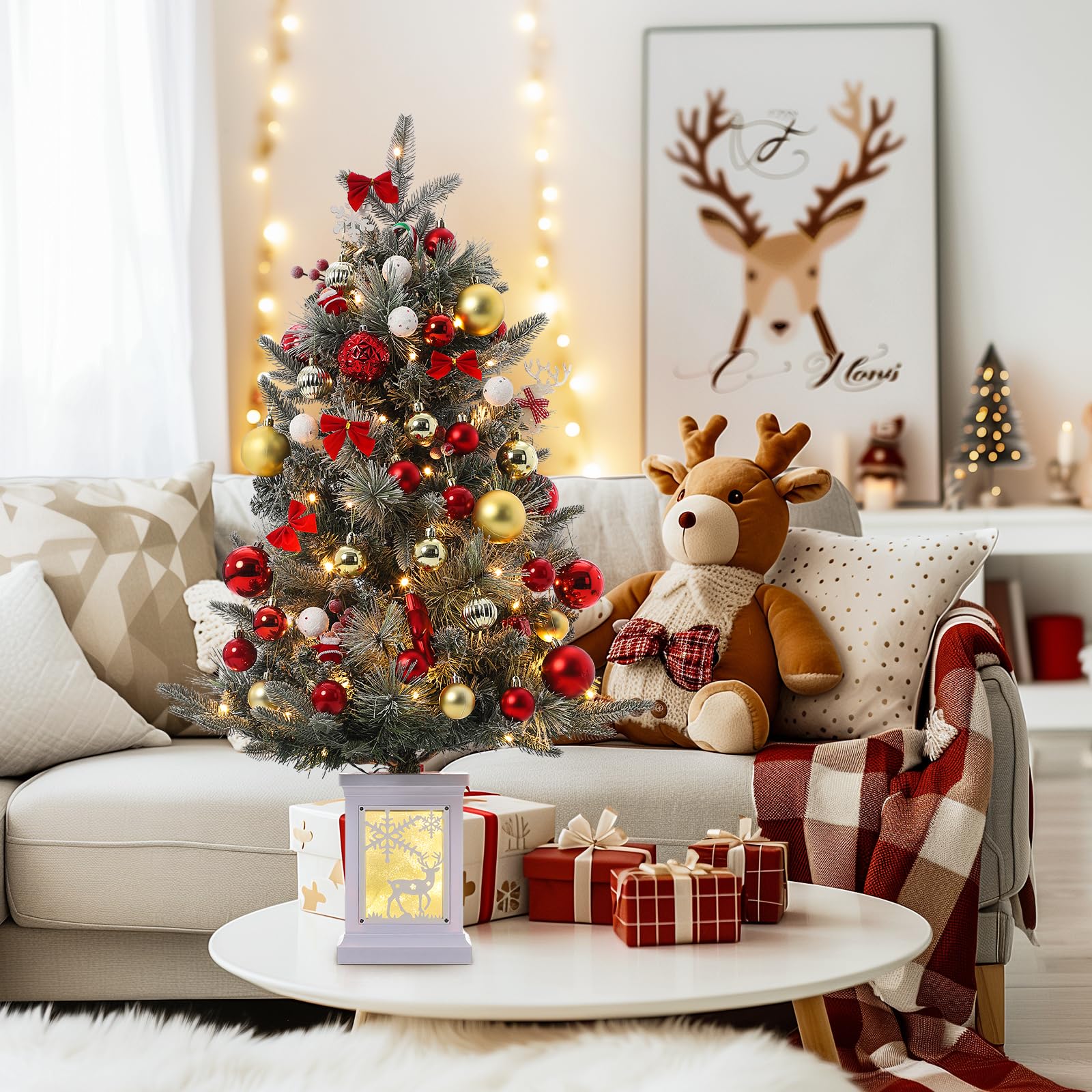 Garvee 3ft Pre-Lit Christmas Tree, Small Lighted Christmas Tree with Lighting Elk Base, Artificial Xmas Trees with 78 LED Lights & 8 Lighting Modes Christmas Decoration for Home, Office, Set of 2