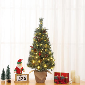 Garvee 3ft Small Christmas Tree, Pre-lit Xmas Tree with Cloth Bag Base, Mini Christmas Tree with LED Lights, Artificial Christmas Tree with Pine Cones and Berries for Desk Decoration