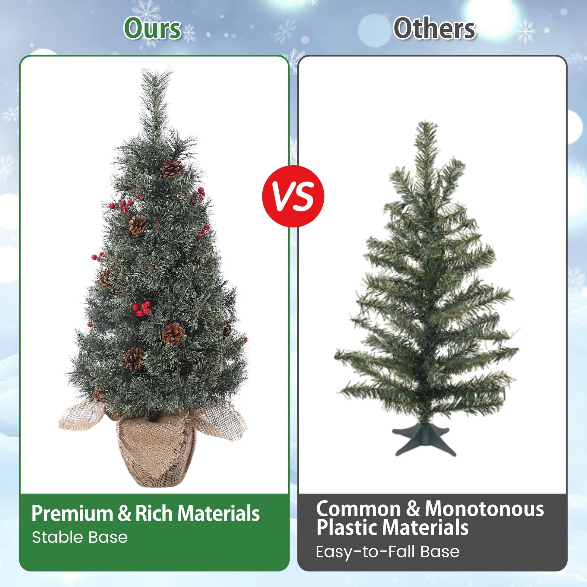 Garvee 3ft Small Christmas Tree, Pre-lit Xmas Tree with Cloth Bag Base, Mini Christmas Tree with LED Lights, Artificial Christmas Tree with Pine Cones and Berries for Desk Decoration