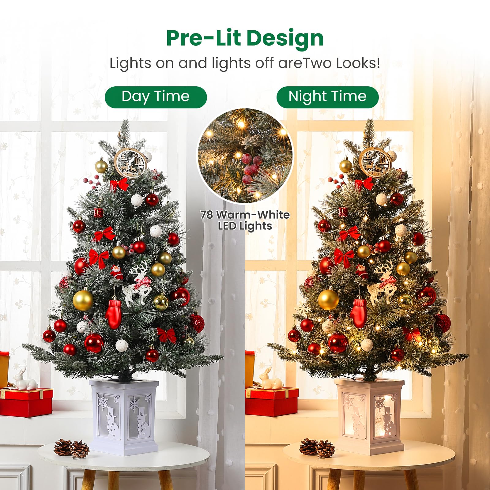 Garvee 3ft Prelit Premium Snow Flocked Artificial Christmas Tree with 78 Warm White LEDs, Mini Prelit Xmas Pine Tree for for Front Door, Porch, Entryway, Fireside Christmas Decoration, 1 PCS