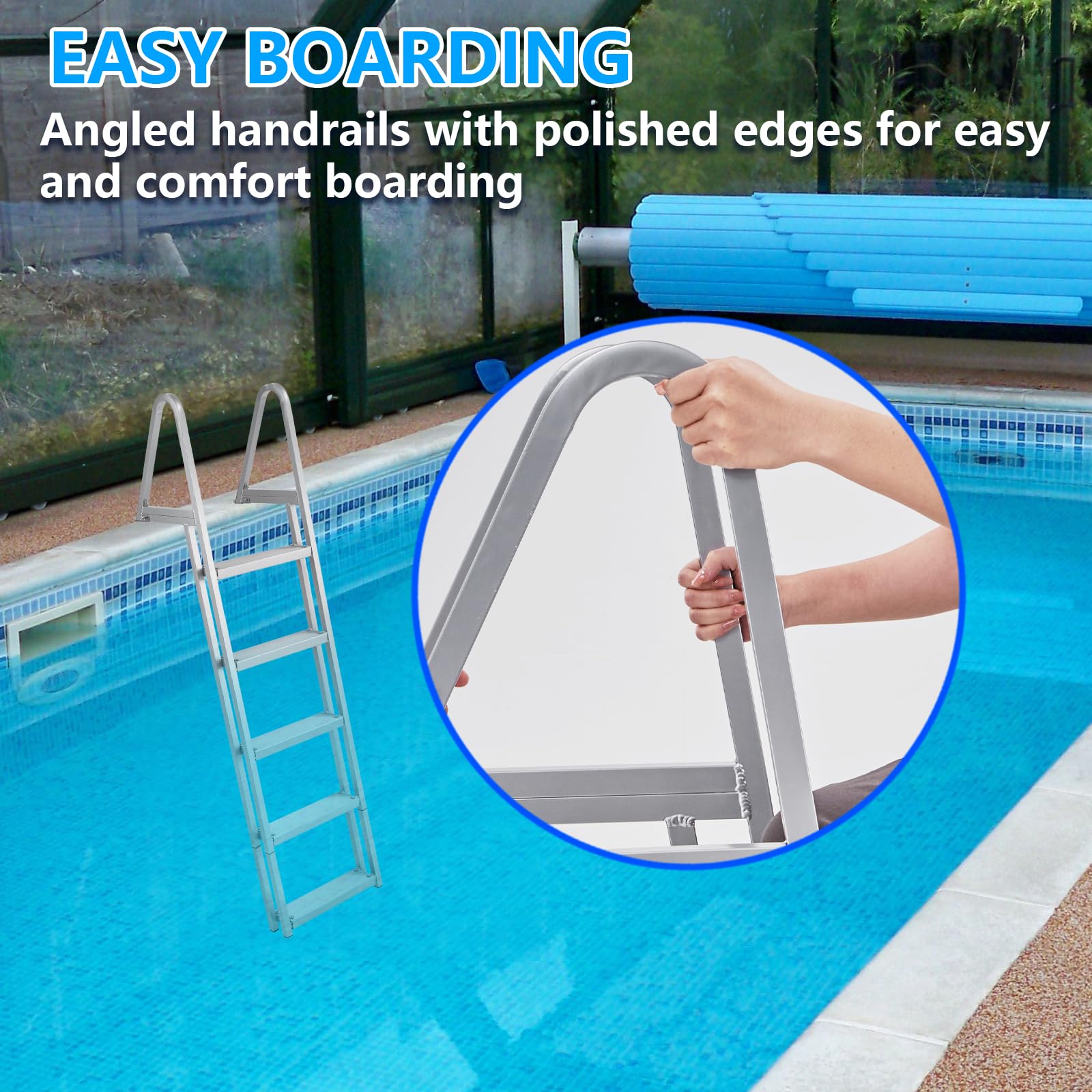 Garvee 3-Step Removable Dock Ladder, 350 lb Capacity Aluminum Alloy Boat Ladder with 4 in Non-Slip Steps & Dual Handrails for Docks, Pontoons, Pools
