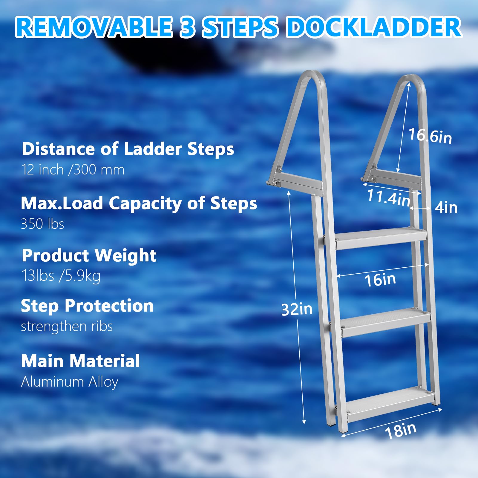Garvee 3-Step Removable Dock Ladder, 350 lb Capacity Aluminum Alloy Boat Ladder with 4 in Non-Slip Steps & Dual Handrails for Docks, Pontoons, Pools