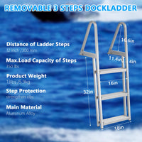 Garvee 3-Step Removable Dock Ladder, 350 lb Capacity Aluminum Alloy Boat Ladder with 4 in Non-Slip Steps & Dual Handrails for Docks, Pontoons, Pools