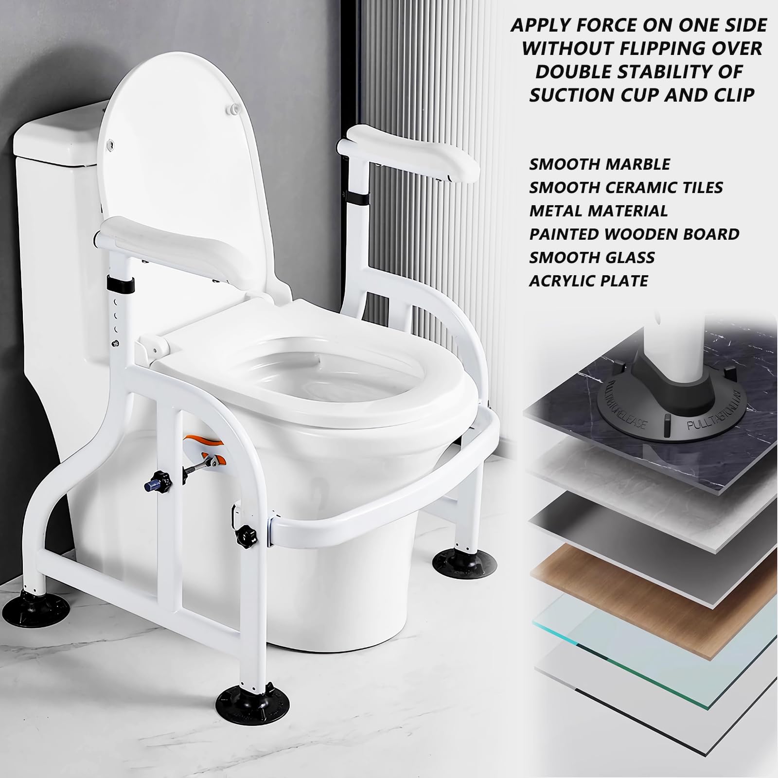 Garvee Adjustable Toilet Safety Frame for Disabled and Elderly – Carbon Steel Support Rail, Non-Slip Handles, Large Suction Cups, Fits Most Toilets, Bathroom Aid – White, Suction Cup Foot Clamp