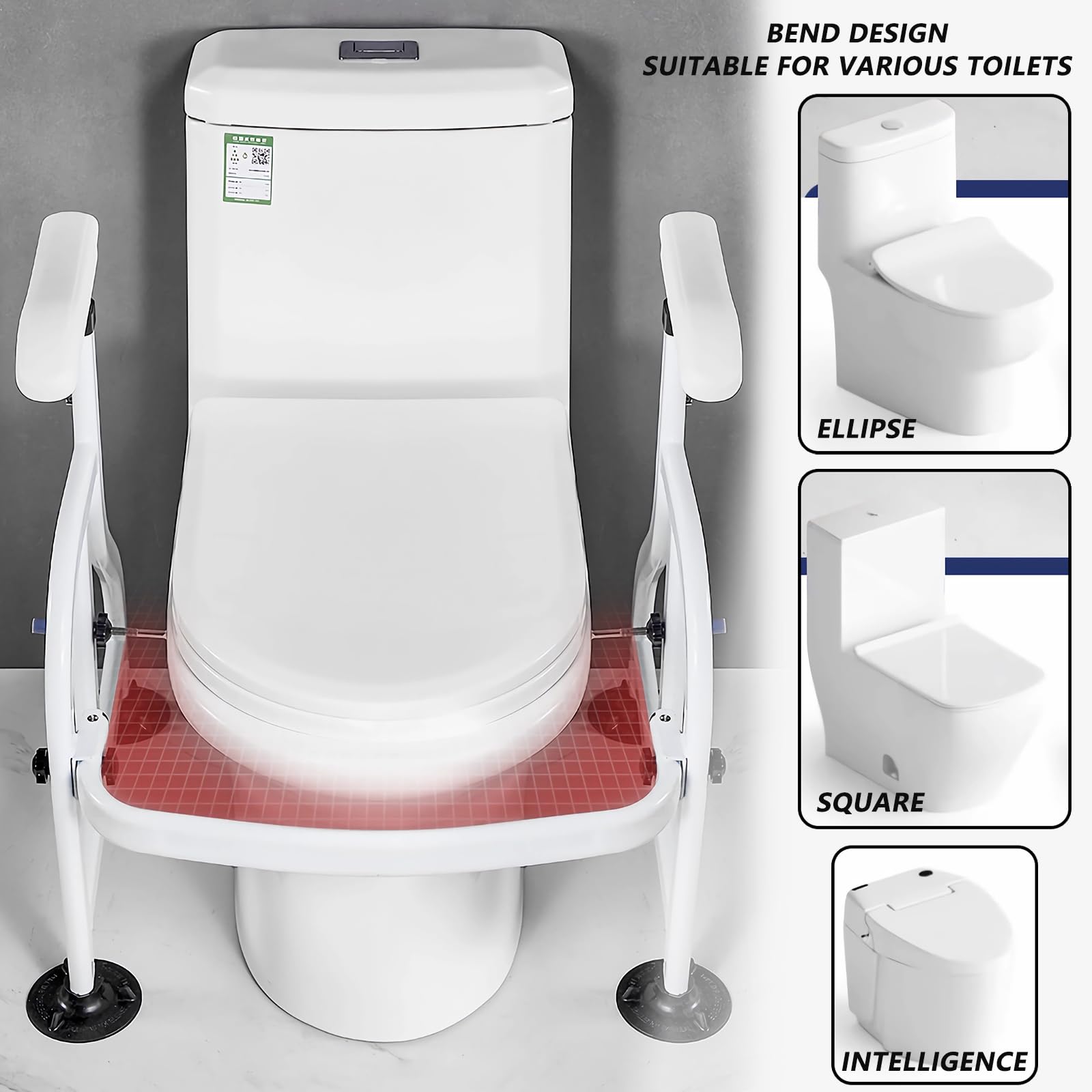 Garvee Adjustable Toilet Safety Frame for Disabled and Elderly – Carbon Steel Support Rail, Non-Slip Handles, Large Suction Cups, Fits Most Toilets, Bathroom Aid – White, Suction Cup Foot Clamp