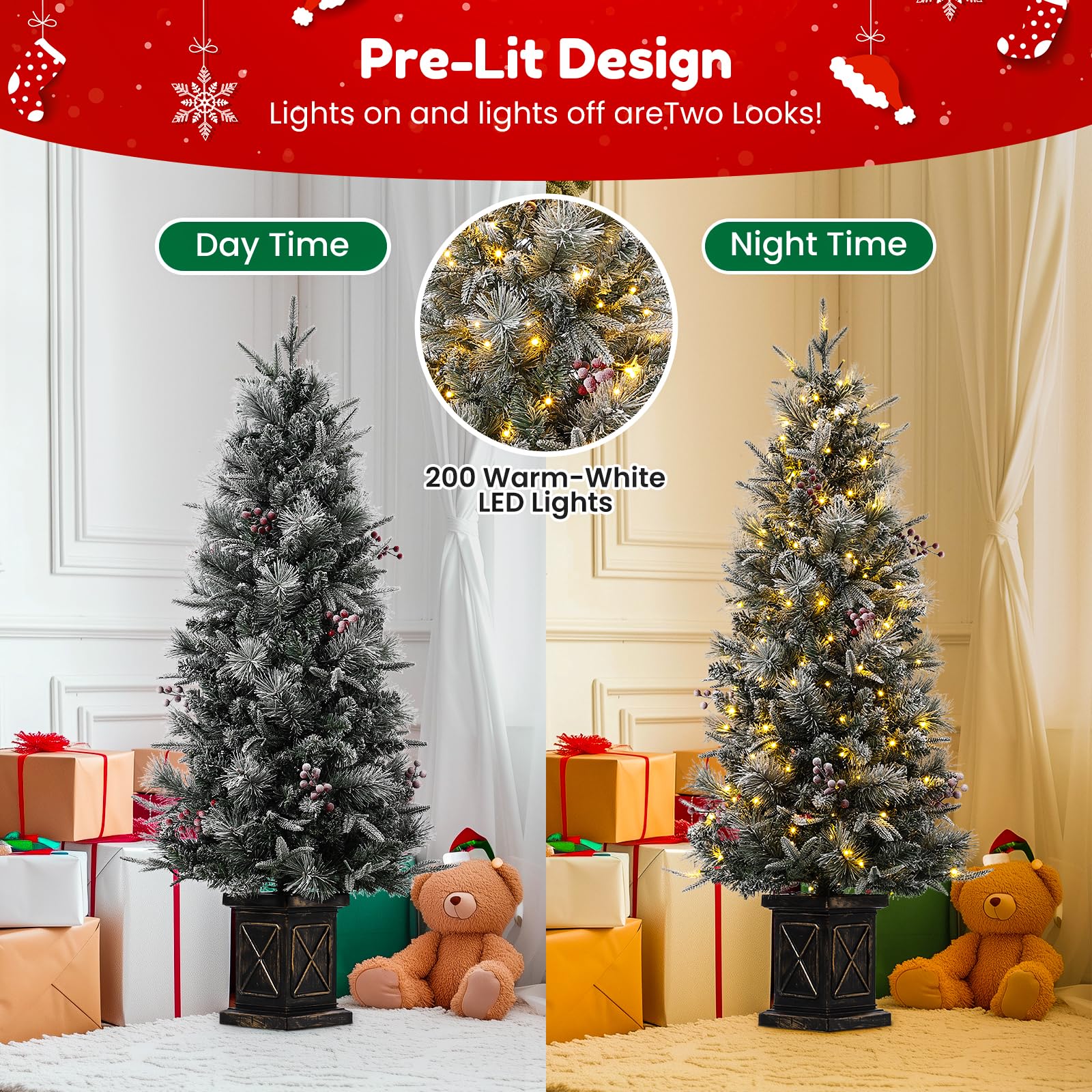 Garvee 4.5ft Xmas Tree, Pre Lit Snow Flocked Artificial Christmas Tree with 200 LED Lights & 8 Lighting Modes, Premium Christmas Pine Tree for Christmas Decoration, Yard, Home, Office