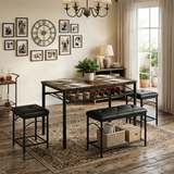 Garvee Modern Set of 4 Dining Table Set in Wood Grain Design with Upholstered Benches and 2 Stools for Apartment and Studio, Brown & Black - Brown