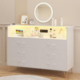 Garvee White Dresser with LED Light for Bedroom 6 Drawer, Wooden Dressers with Charging Station, Large Double Dresser with Wide Drawers, Modern Chests of Drawers for Hallway, TV Stand - White