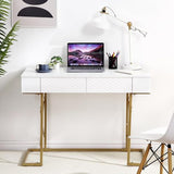 Garvee Modern White Home Office Desk with Storage Drawers and Charging Station, 42 Inch Computer Desk, Matte White Tabletop, Gold Frame, USB Ports, AC Outlets, Bedroom, Living Room - White+Gold
