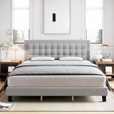 Garvee Queen Size Linen Upholstered Bed Frame + Adjustable Headboard + Strong Wooden Slats + Noise-Free + No Box Spring Needed + Easy Assembly + Grey - Grey
