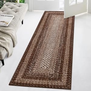 2x8 runner rug with washable anti-slip backing for hallway or kitchen in brown braided design
