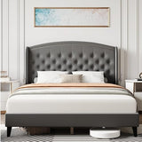 Garvee Queen Size Upholstered Platform Bed + Wingback Headboard + Heavy Duty Button Tufted + Velvet Fabric + Wood Slat Support + Easy Assembly + No Box Spring Needed + Light Gray - Light Gray