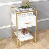 Garvee Mid Century Modern Nightstand + Storage Drawer & 3-Tier Shelving + Tempered Glass Top + Steel Frame + Easy Assembly + Bedroom, Dorm - White board gold frame