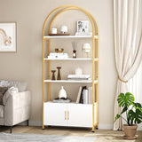 Garvee Arched Bookshelf, Bookcase with Doors Storage, 71.5 Inches Tall Industrial Book Shelf with Sturdy Metal Frame and Quality Boards, Freestanding Display Shelving (Gold) - White gold frame