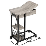 Garvee C Shaped End Table with Charging Station + Flip Top + USB Ports + 3 Tier Storage Shelf + Wheels + Living Room & Bedroom - grey
