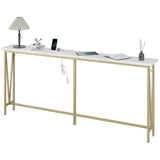 Garvee 72.8" Gold Sofa Table with Outlets - White Marble Wood, Sturdy Iron Frame, Adjustable Feet, Easy Setup, Ideal for Entryway, Hallway, Living Room