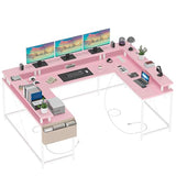 Garvee U Shaped Desk, 79 Inch Large Corner Office Desk with Monitor Stands, Reversible L Shaped Computer Gaming Desk with Power Outlets & LED Lights,U Shaped Gaming Desk (Deep Pink) - Pink