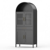 Garvee Modern Black Arched Metal Pantry Cabinet with Glass Doors – 73'' Tall Storage Unit with Adjustable Shelves & Drawer – Display Bookcase for Kitchen, Dining, or Living Room – Anti-Tip Design