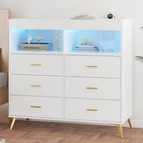 Garvee 6 Drawer Dresser for Bedroom with LED Lights and Power Outlet, Wide Chest of Drawers with 2 Open Storage Shelves, Baby Changing Table with Removable Changing Table Top, White - White