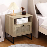 Garvee Rattan Nightstand, Side Table with Storage, Modern Boho End Table, AccentTable for Bedroom, Living Room, Oak/Black
