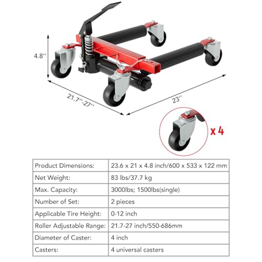 Garvee Car Dolly Set of 2, 3000 LBS Capacity Hydraulic Car Wheel Dolly Jack, Heavy Duty Vehicle Positioning Dolly with Foot Pedal for Tire Auto Repair Moving, Red