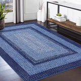 Garvee Bordered Navy Blue 6x9 Braided Washable Boho Print Accent Rug, Vintage Low Pile Non-Slip Indoor Carpet, Polyester, Foldable, Living Room, Bedroom, Office, Nursery - Navy Blue