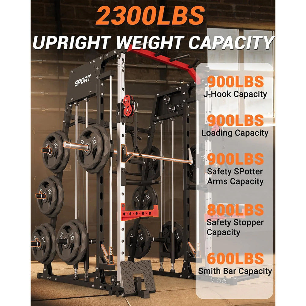 Garvee All-in-One Smith Machine Home Gym – Power Rack, Squat Cage, Dual Lat Pulldown, Cable Crossover & Adjustable Bench – Compact Full-Body Strength Trainer, Red & Black