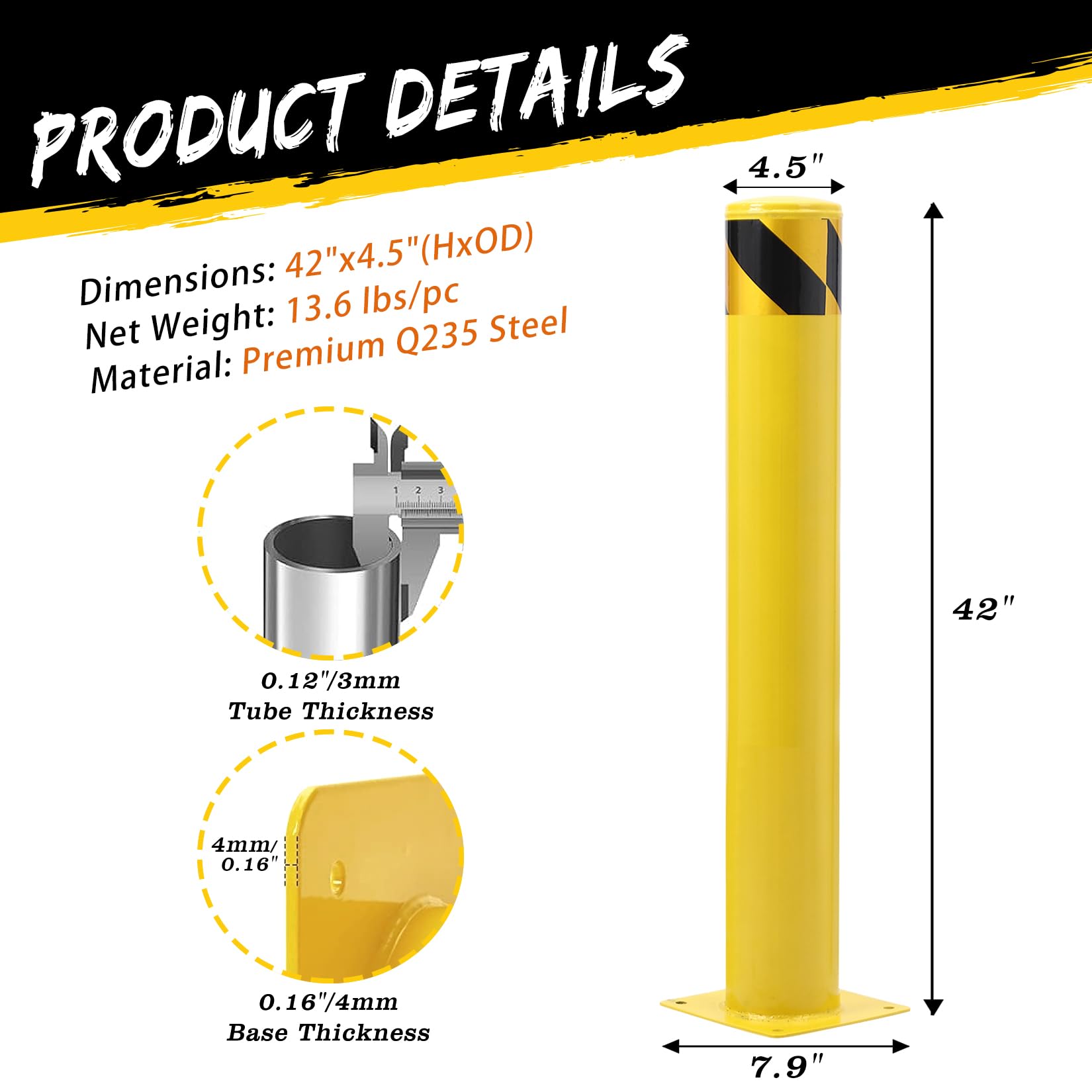 Garvee 42 Inch Steel Safety Bollard Post with Reflective Tape, High Visibility, Durable Q235 Steel, Weather-Resistant, Easy Installation, Ideal for Parking Lots, Warehouses, Driveways