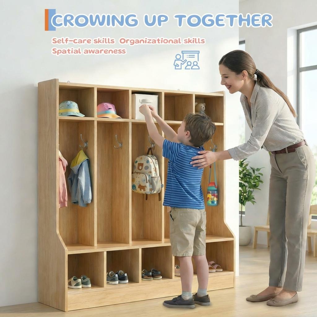 Garvee 47.5" Kids Coat Locker with Bench 10 Cubbies for Classroom Nursery Home, Smooth Wood Surface, Natural