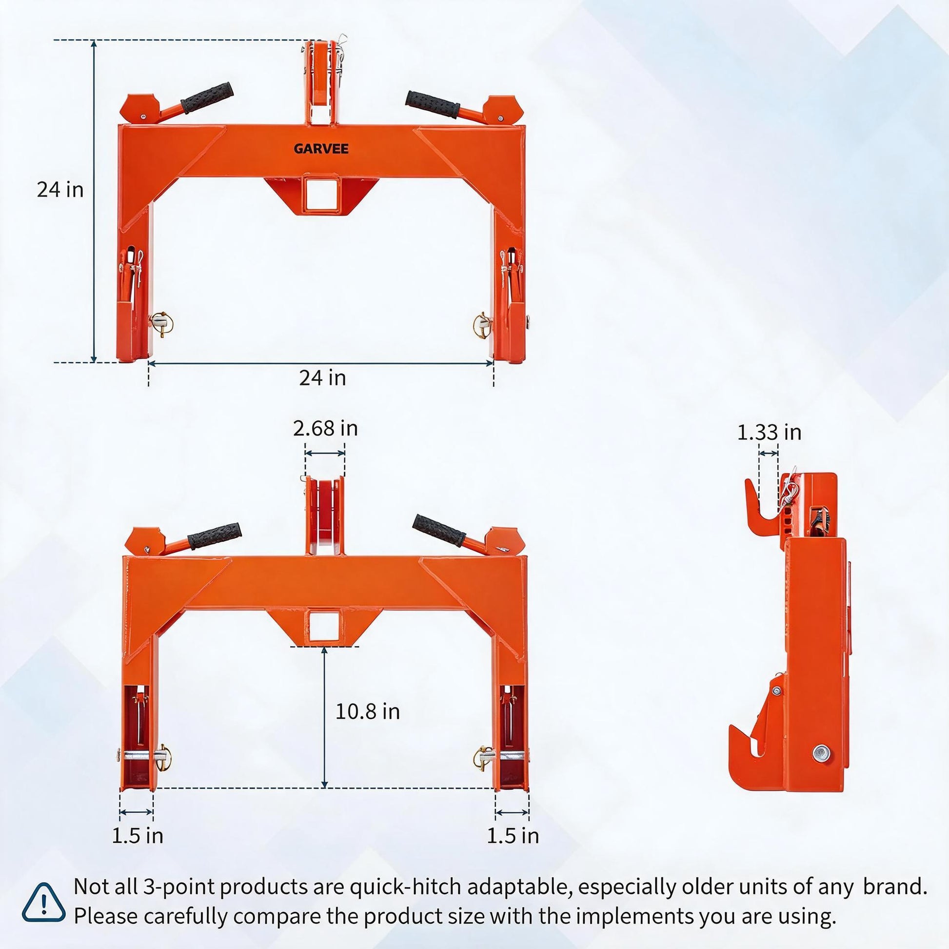 Garvee Heavy-Duty Category 1 3-Point Quick Hitch for Tractor, 3000 lbs Lift Capacity with Built-In 2" Receiver, 5-Level Bolt-On Adjustable Top Hook Tractor Attachment, No Bushing Required, Orange (24" x 24")