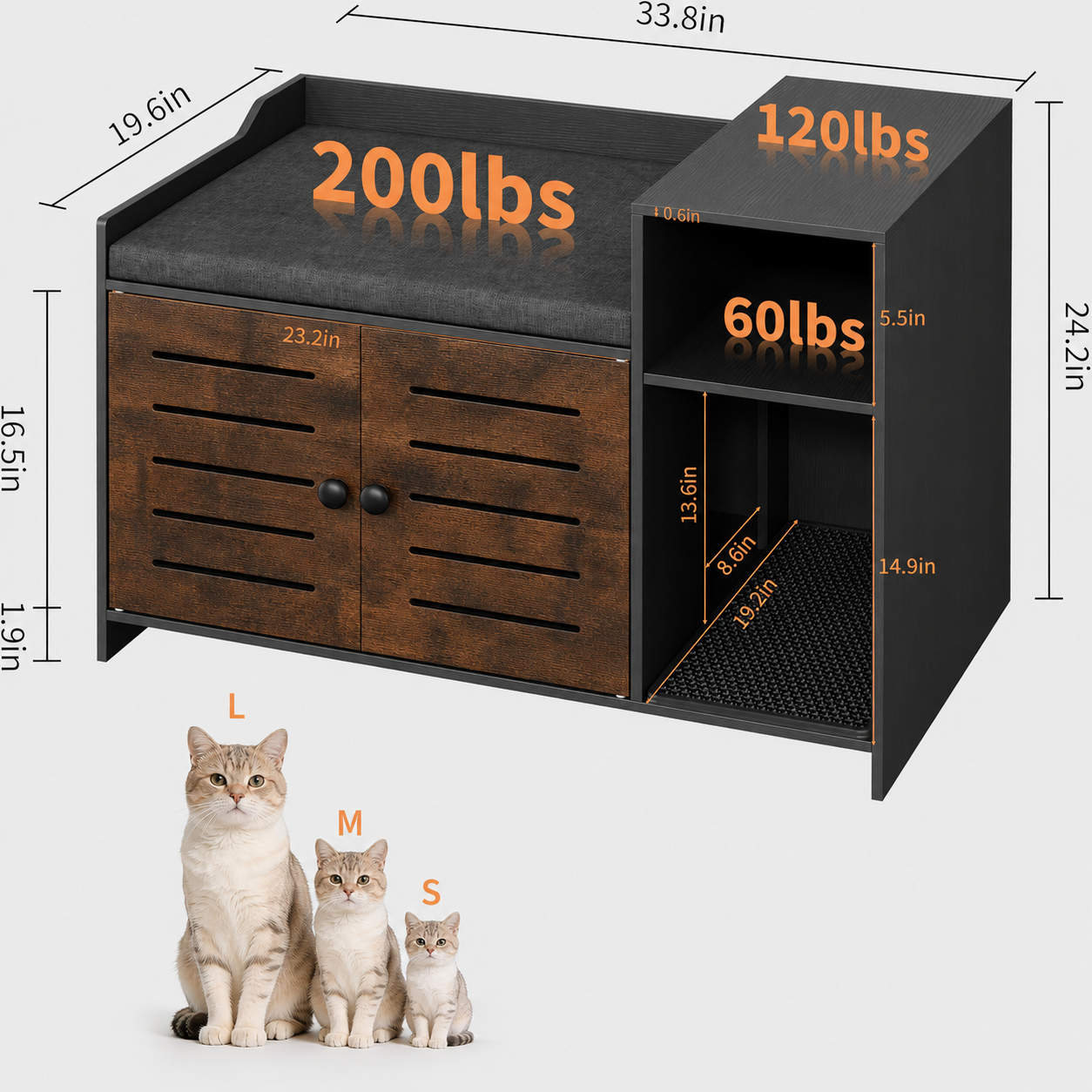 Garvee Cat Litter Box Enclosure, Hidden Litter Box Furniture with Litter Mat & Storage Shelf, Farmhouse Indoor Cat House Cabinet for Hallway, Bedroom, Black