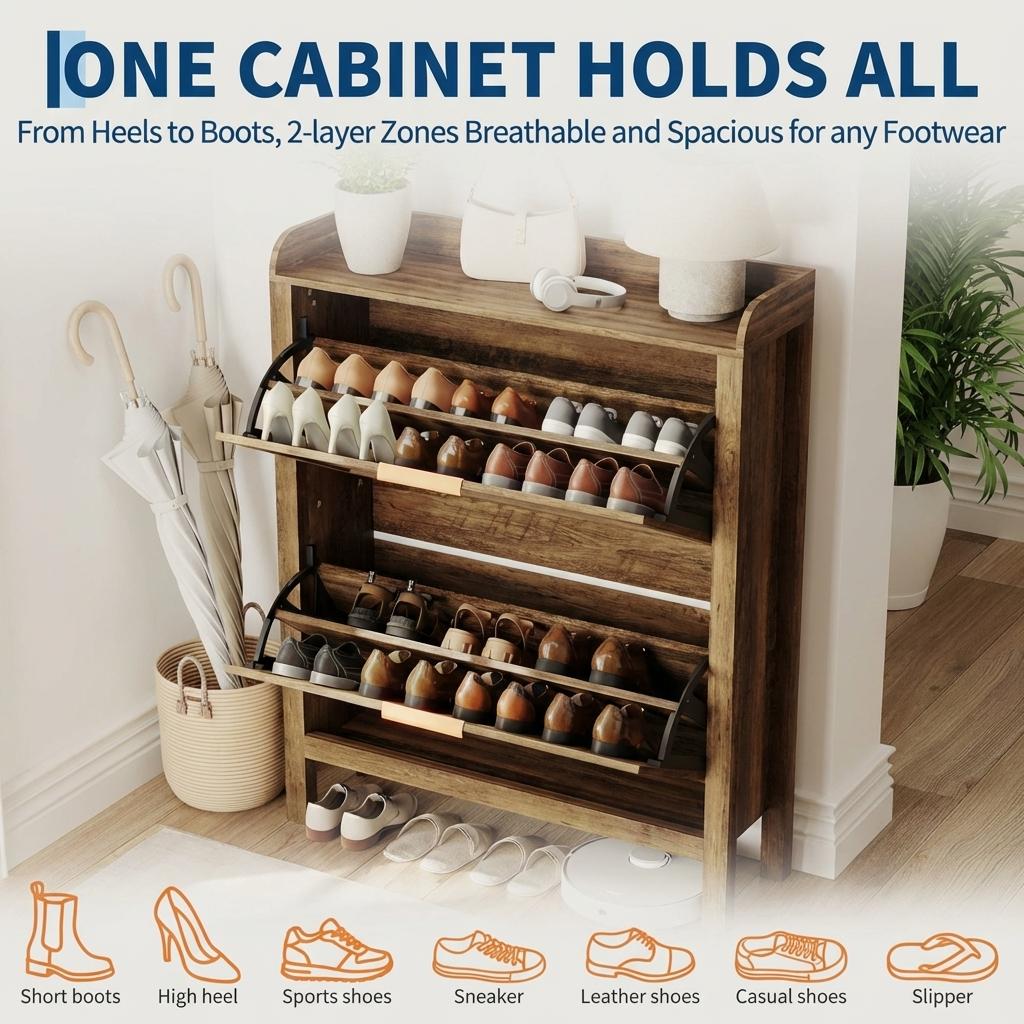 Garvee Farmhouse Rattan Shoe Storage Cabinet with 2 Flip Drawers, Wooden Legs, Narrow Brown Shoe Rack for Entryway