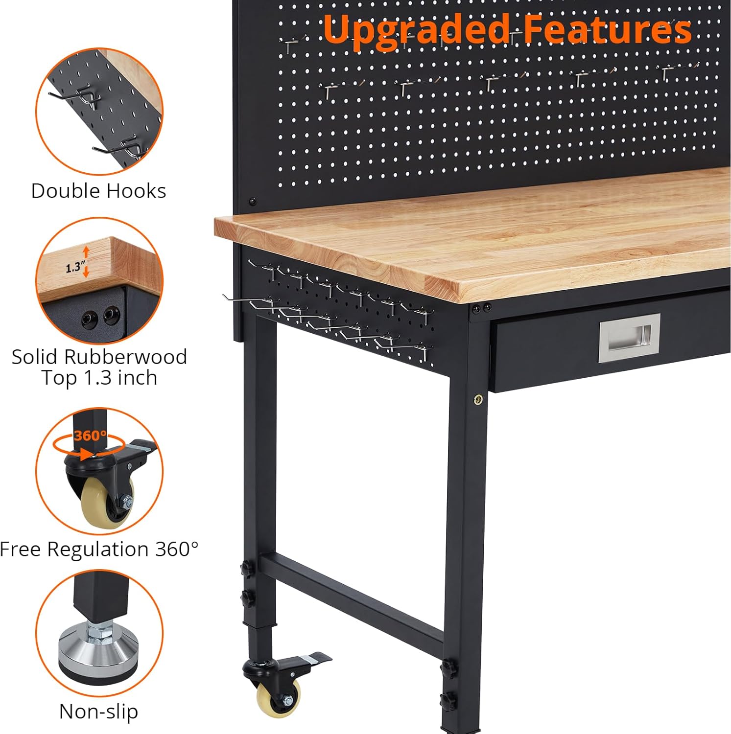 Garvee 48"x 24" Workbench for Garage, Heavy Duty Workstation with Drawer Storage, Backplate, 2000LB Load Capacity, Multipurpose Rubber Wood Shop Table with Power Outlets, Hooks, Hardwood Workbench
