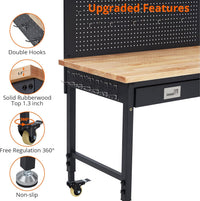 Garvee 48"x 24" Workbench for Garage, Heavy Duty Workstation with Drawer Storage, Backplate, 2000LB Load Capacity, Multipurpose Rubber Wood Shop Table with Power Outlets, Hooks, Hardwood Workbench