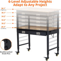 Garvee 48"x 24" Workbench for Garage, Heavy Duty Workstation with Drawer Storage, Backplate, 2000LB Load Capacity, Multipurpose Rubber Wood Shop Table with Power Outlets, Hooks, Hardwood Workbench