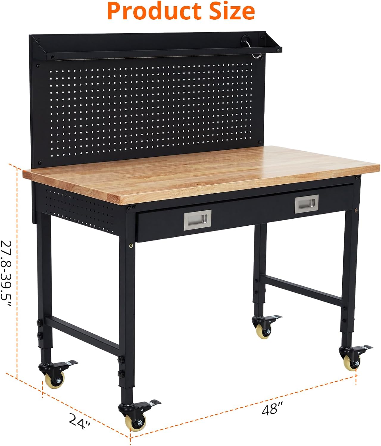Garvee 48"x 24" Workbench for Garage, Heavy Duty Workstation with Drawer Storage, Backplate, 2000LB Load Capacity, Multipurpose Rubber Wood Shop Table with Power Outlets, Hooks, Hardwood Workbench