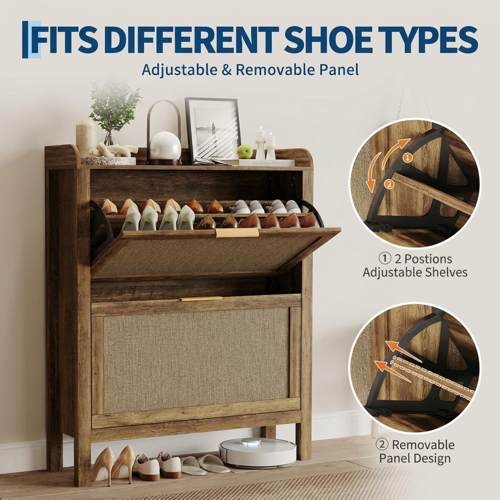 Garvee Farmhouse Rattan Shoe Storage Cabinet with 2 Flip Drawers, Wooden Legs, Narrow Brown Shoe Rack for Entryway