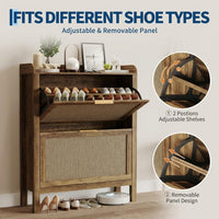 Garvee Farmhouse Rattan Shoe Storage Cabinet with 2 Flip Drawers, Wooden Legs, Narrow Brown Shoe Rack for Entryway