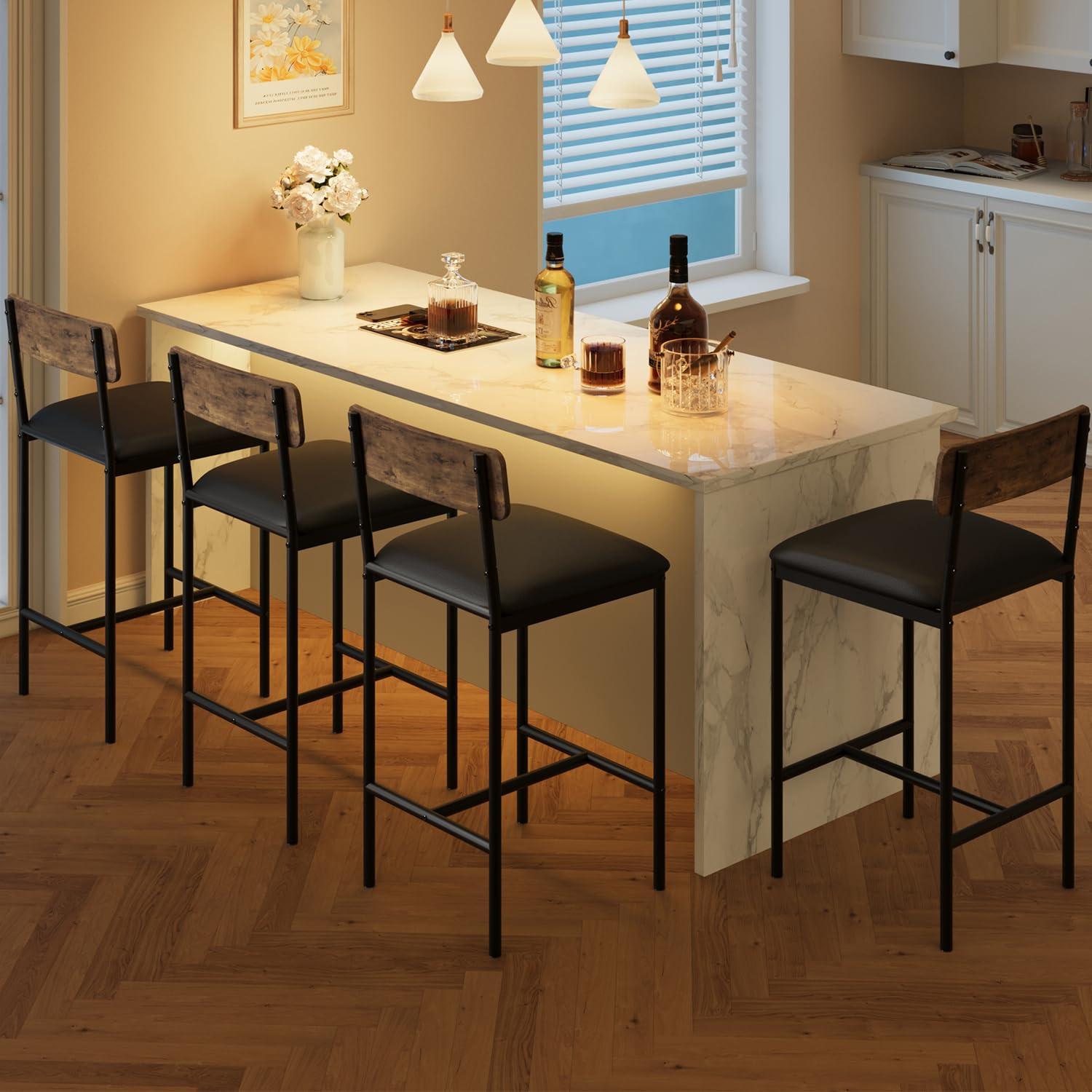 Garvee Bar Stools Set of 4, Kitchen Bar Stools with Footrest, 25.5 Inches Upholstered Bar Chairs with Back, 4 Counter Height Barstools for Counter Bar, Island, Easy Assembly, Rustic Brown