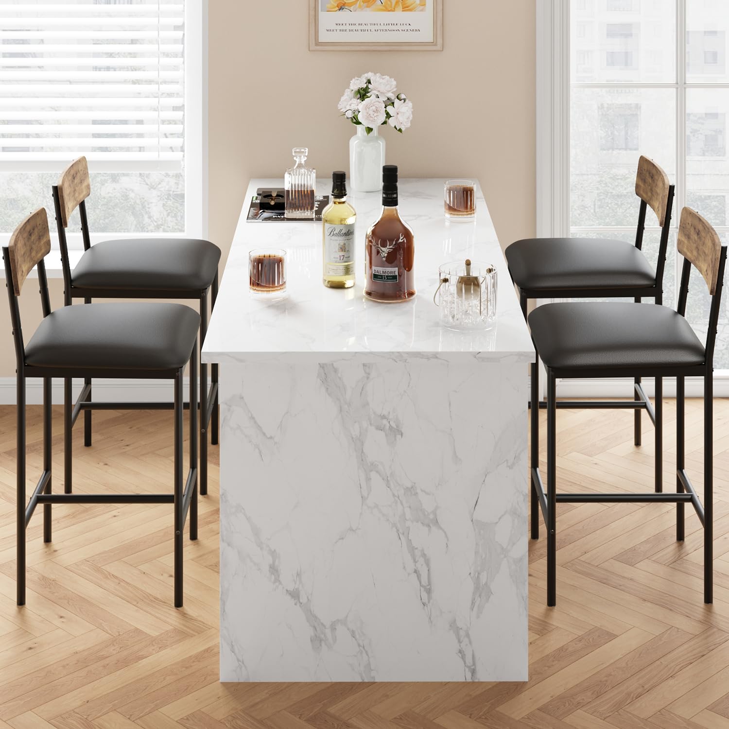 Garvee Bar Stools Set of 4, Kitchen Bar Stools with Footrest, 25.5 Inches Upholstered Bar Chairs with Back, 4 Counter Height Barstools for Counter Bar, Island, Easy Assembly, Rustic Brown