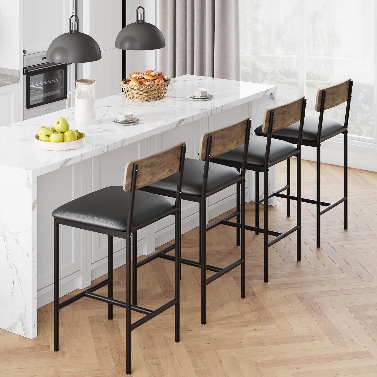 Garvee Bar Stools Set of 4, Kitchen Bar Stools with Footrest, 25.5 Inches Upholstered Bar Chairs with Back, 4 Counter Height Barstools for Counter Bar, Island, Easy Assembly, Rustic Brown