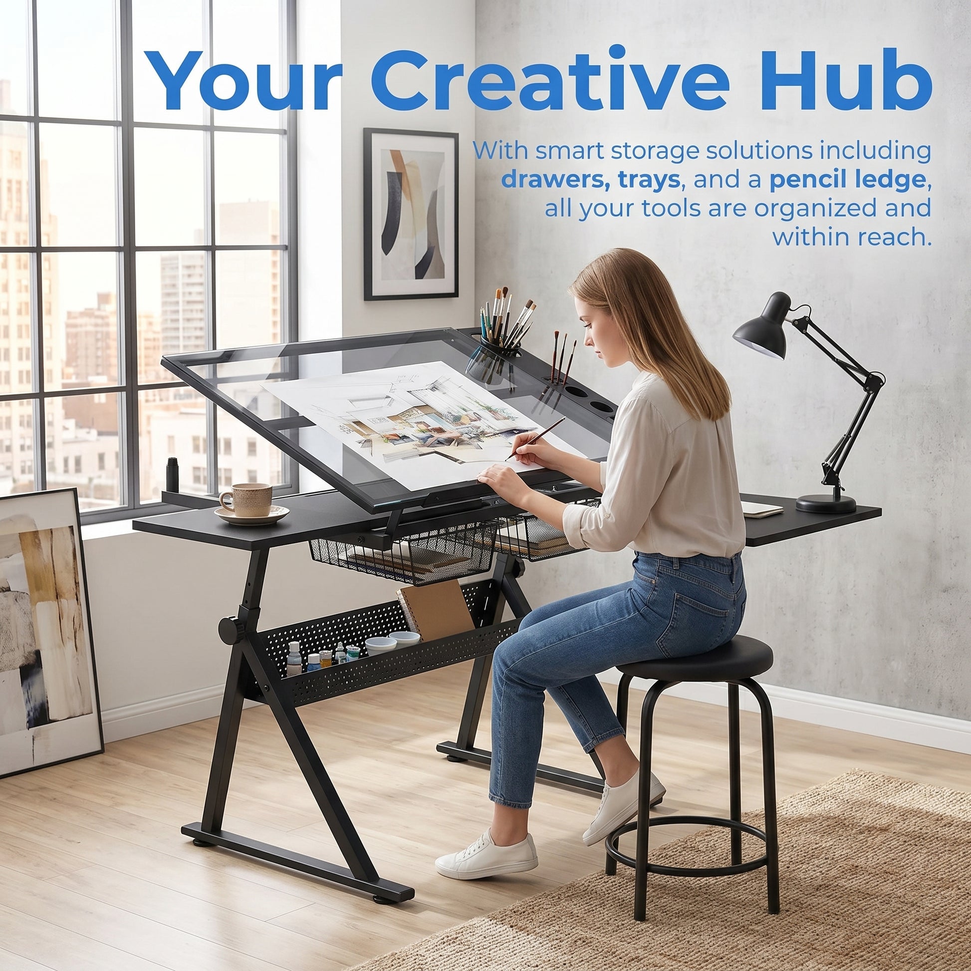 Garvee Drafting Table Adjustable Height Tilting Glass Top Steel Frame 2 Drawers Stool Black Home Office Art Craft