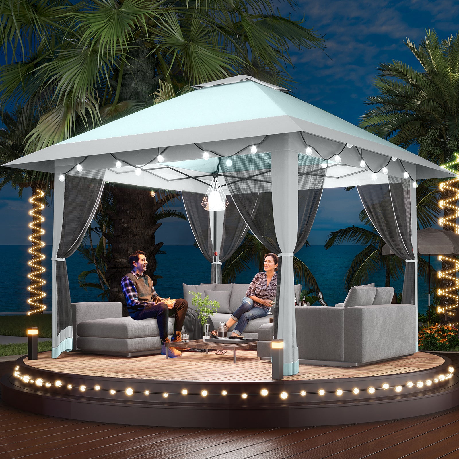 Garvee 13'x13' Quick-Setup Pop-Up Canopy Tent with Mosquito Netting Foldable Shelter for Backyards, Parties, Camping & Commercial Use, (Navy Blue+ Linen Grey)
