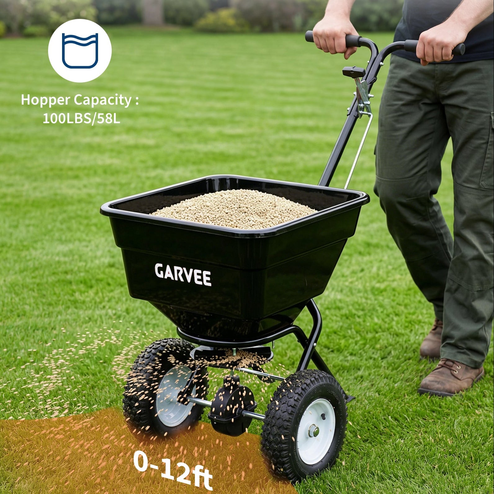 Garvee 100 lb Push Broadcast Spreader, T-Handle Walk-Behind Lawn & Garden Fertilizer Spreader with 58 L Hopper, 0–12 ft Coverage, 13" All-Terrain Wheels & 20-Level Flow Control for Seed, Fertilizer, Salt & Ice Melt, Green/Black