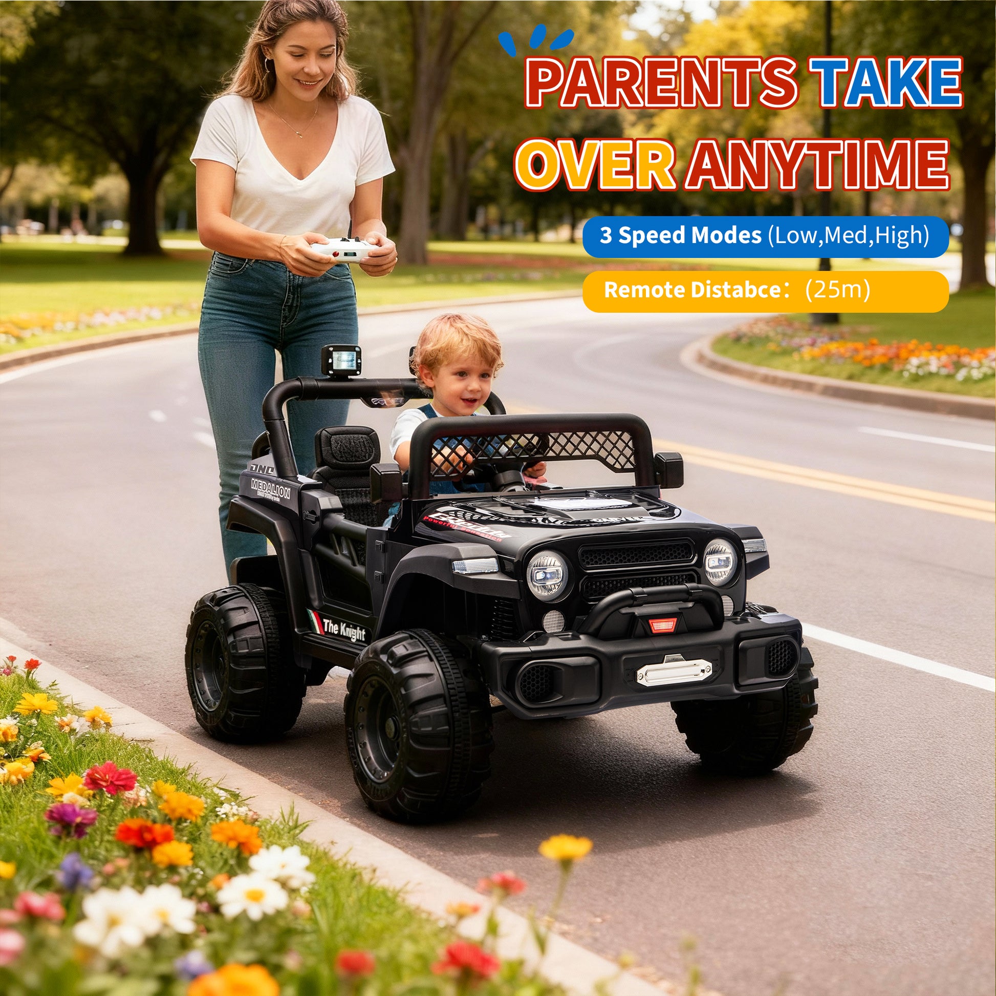 Garvee 12V Kids Electric Ride-On Truck – Dual Motors, 3 Speeds, Remote Control, LED Lights, Music, Spring Suspension, Safety Belt, Storage – Battery Powered Off-Road Car Toy for Boys & Girls Ages 2-8, Black