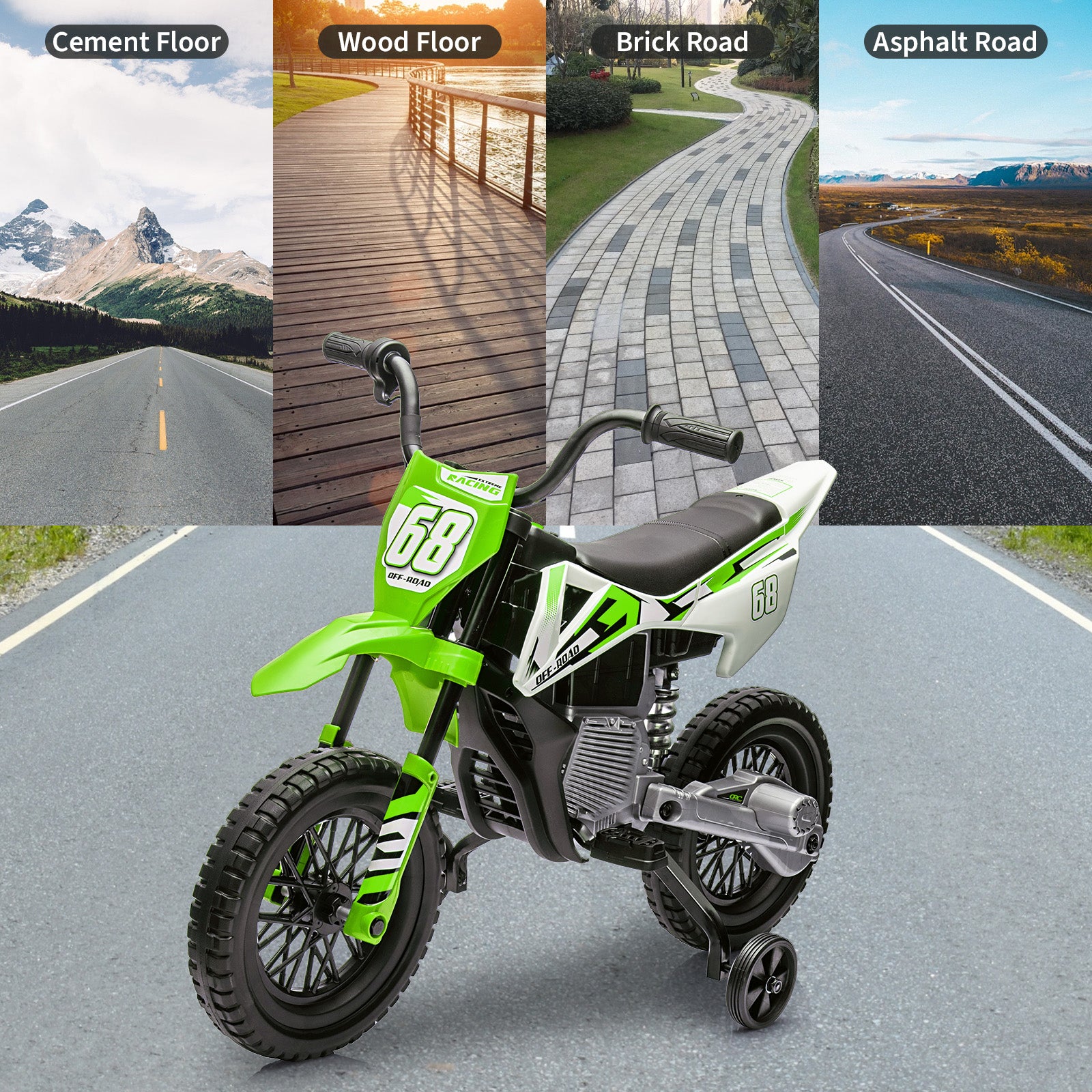 Garvee Ride - P Series: 12V Kids Electric Dirt Bike, 25W*2 Motor, Twist Grip Throttle, Spring Suspension, Training Wheels, Ride-On Toy - Green