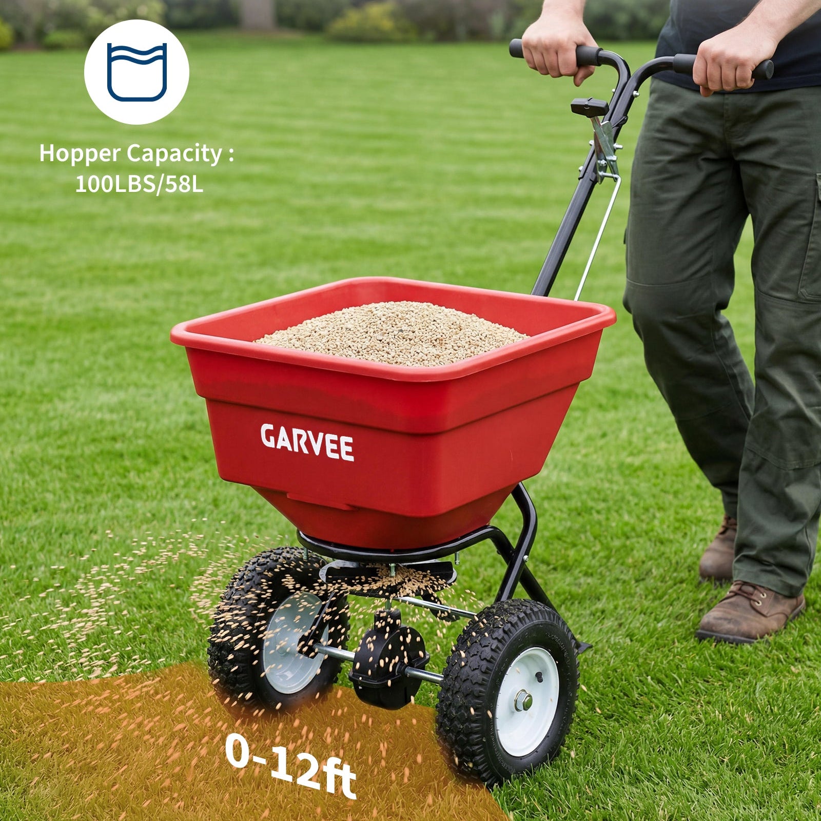 Garvee 100 lb Push Broadcast Spreader, T-Handle Walk-Behind Lawn & Garden Fertilizer Spreader with 58 L Hopper, 0–12 ft Coverage, 13" All-Terrain Wheels & 20-Level Flow Control for Seed, Fertilizer, Salt & Ice Melt, Green/Black