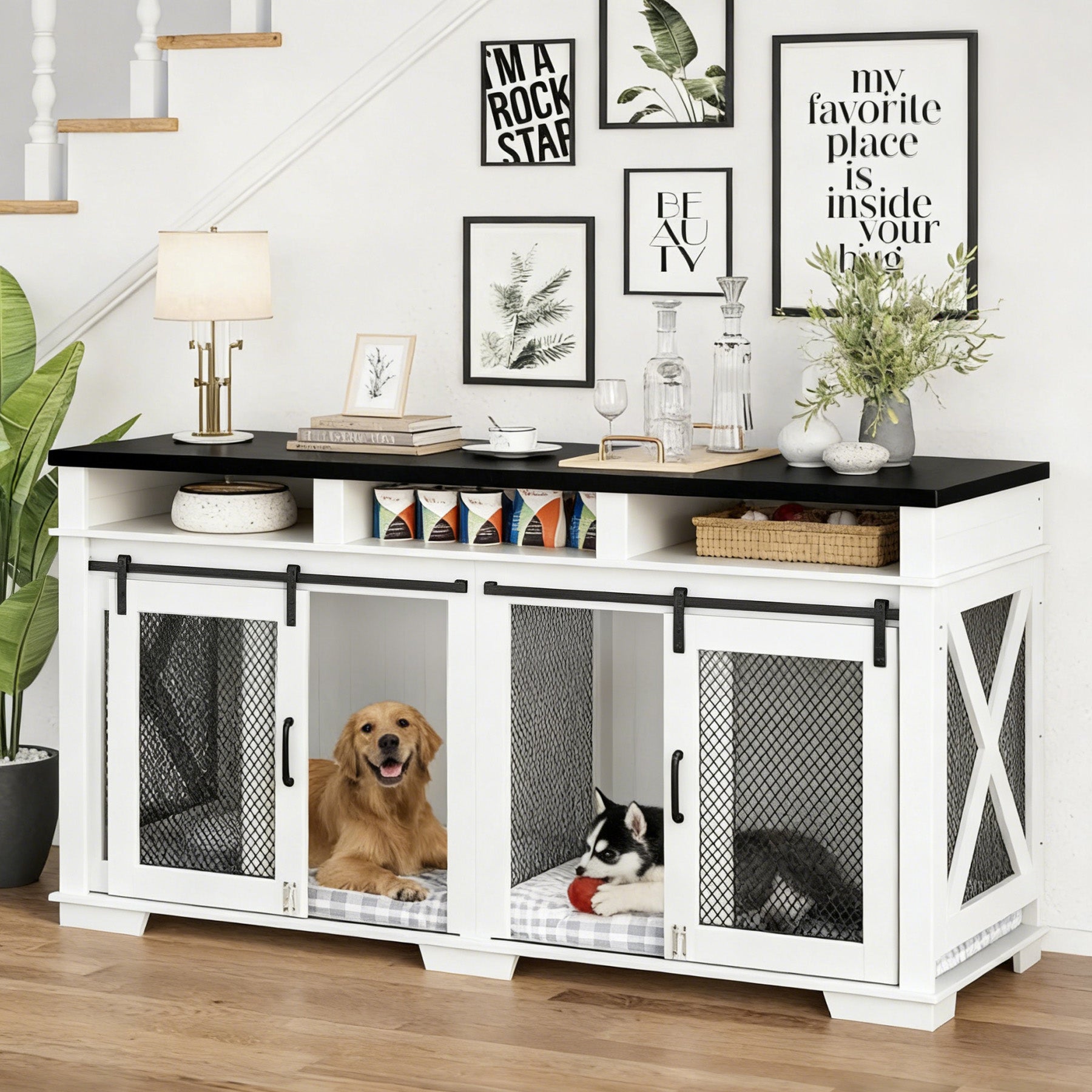 Garvee Dual-Panel Dog Crate Furniture, 71" Heavy Duty Dog Kennel Furniture with 3 Storages and Removable Divider, Double Dog Crate Table Indoor TV Stand for Large Medium Dogs, Black&White