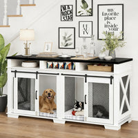 Garvee Dual-Panel Dog Crate Furniture, 71" Heavy Duty Dog Kennel Furniture with 3 Storages and Removable Divider, Double Dog Crate Table Indoor TV Stand for Large Medium Dogs, Black&White