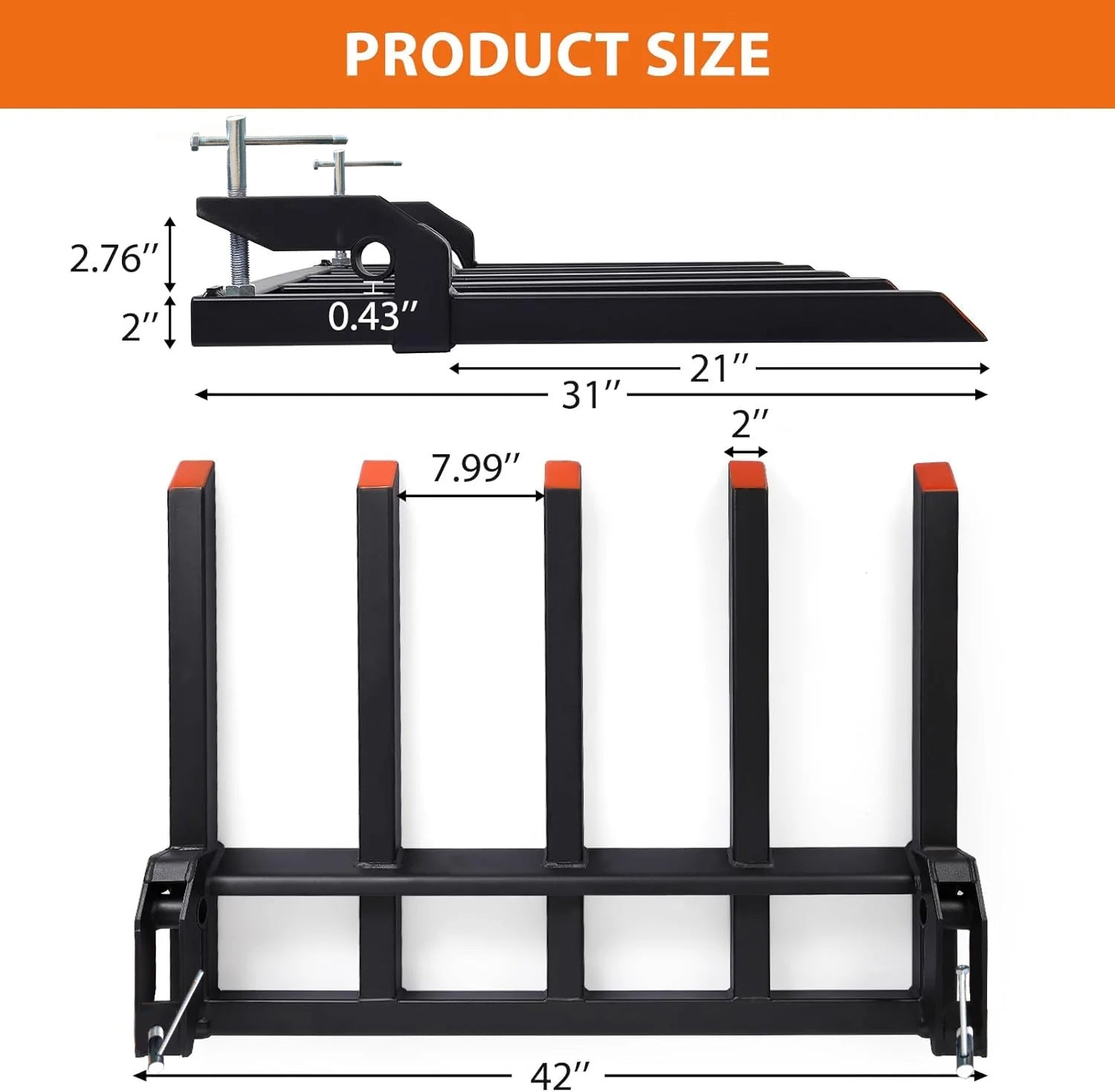 Garvee 42" Clamp-On Debris Forks for Tractor Buckets, 2500 lb 5-Tine Bucket Fork Attachment for Brush, Logs & Yard Cleanup